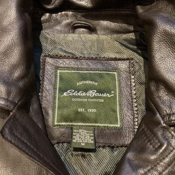 EDDIE BAUER MENS Medium Dark Brown Genuine LEATHER Button Down QuiltLined JACKET - Picture 2 of 15